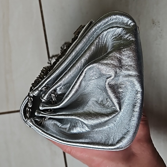 CHANEL Metallic Silver Mini Bag Chain Strap Turnlock w/Card - Picture 4 of 14